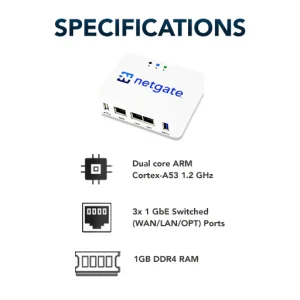 Netgate 1100 specifiche: dual core ARM cortex-A53 1.2 GHz, 3x1 GbE, 1GB DDR4 RAM