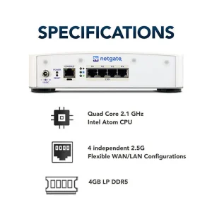 Netgate 4200 specifications: Quad Core 2.1 GHz Intel Atom, 4 2.5G WAN/LSN, 4GB LP DDR5