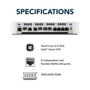 Netgate 6100 specifications: Quad Core 2.2 GHz Atom, 8 WAN/LAN, 8GB DDR4 RAM